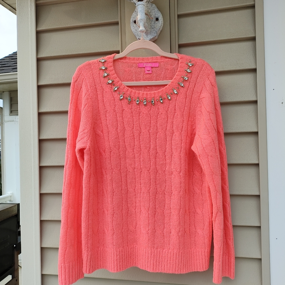 Lilly Pulitzer Coral Sweater with Embellished Neckline. Size Large